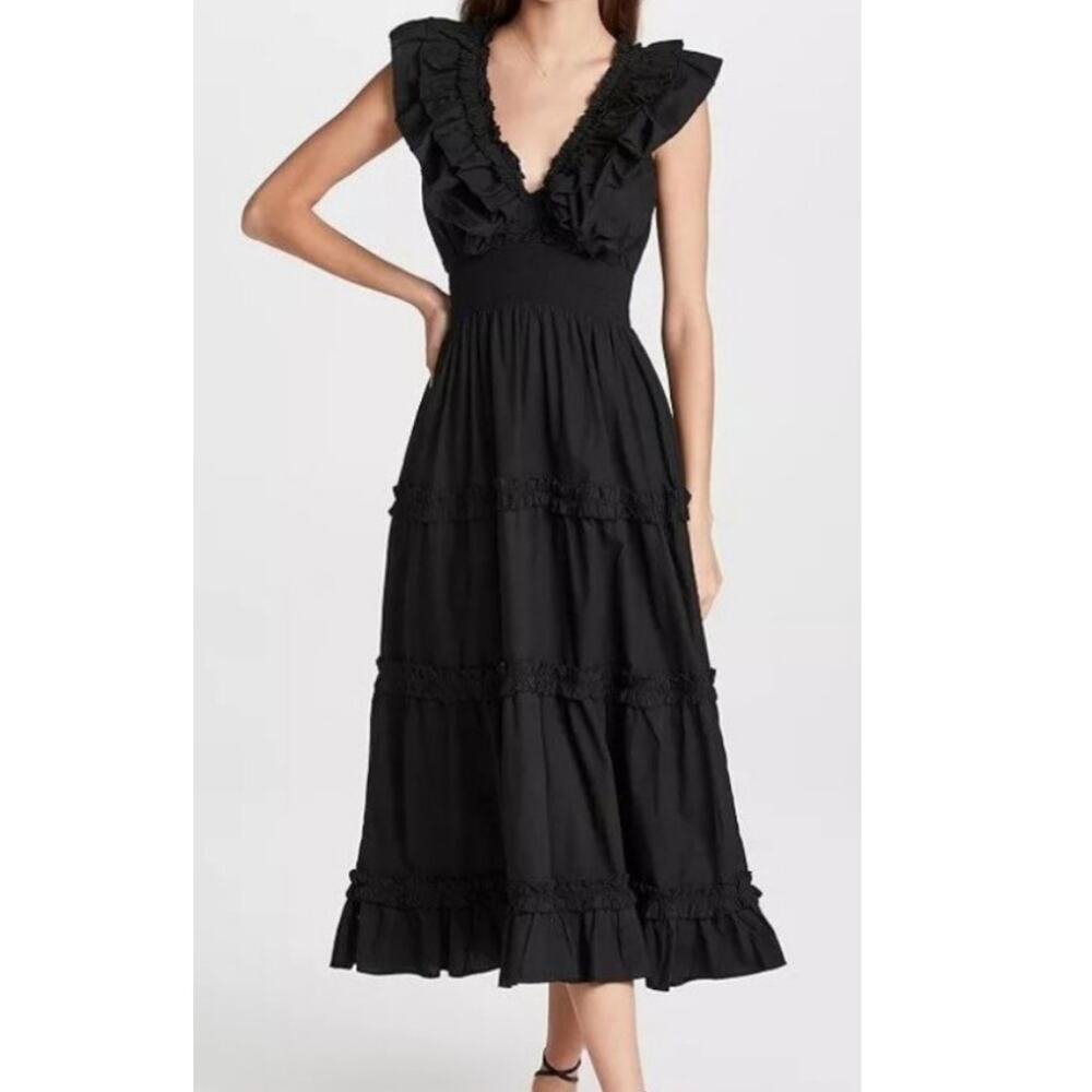 Women's Love The Label Black V-Neck Ruffle Tiered Midi Dress Size Large‎ Petite